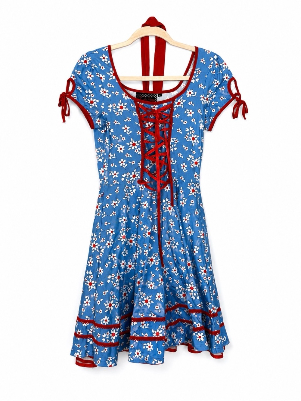 Voodoo Vixen Blue Floral Dress with Red Trim Medium